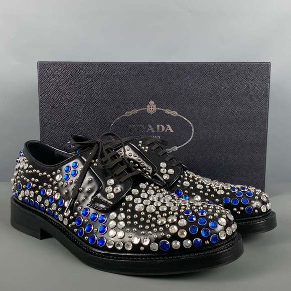 PRADA Black Silver & Blue Studded Leather Lace-Up Shoes - Picture 7 of 9